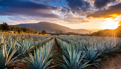 agaves field at sunset