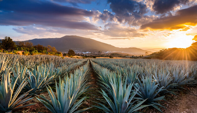 agaves field at sunset