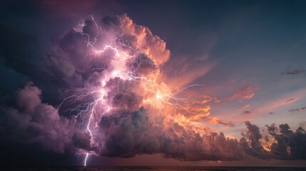 Dramatic sunset storm with vibrant lightning