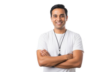 Portrait of a Smiling Indian Coach with Arms Crossed on White
