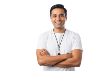 Portrait of a Smiling Indian Coach with Arms Crossed on White
