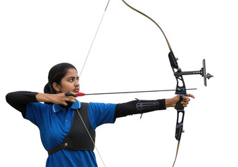Focused Female Archer Aiming Bow and Arrow, Isolated on White