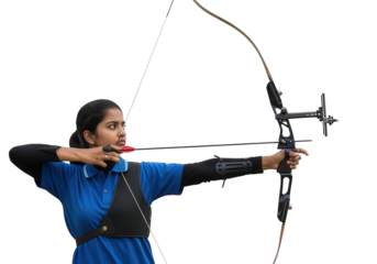 Focused Female Archer Aiming Bow and Arrow, Isolated on White