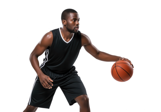 Focused African American Basketball Player Dribbling Ball on White