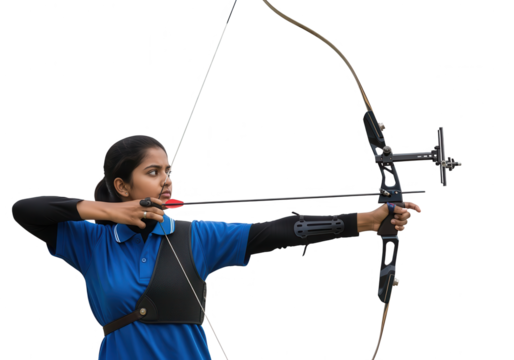 Focused Female Archer Aiming Bow and Arrow, Isolated on White
