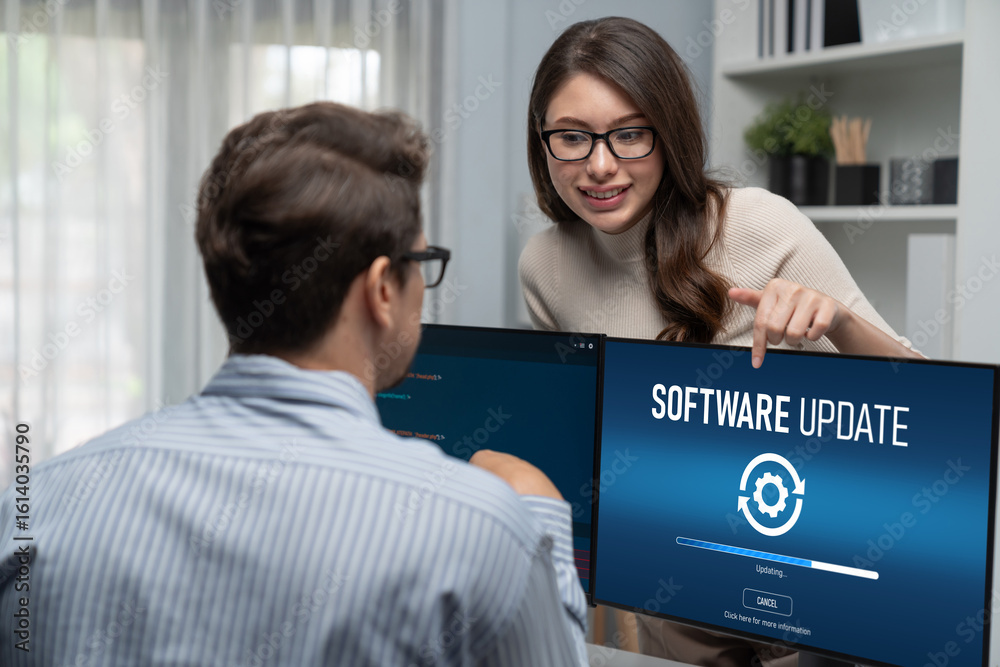 Poster software update on computer for brisk version of device software upgrade