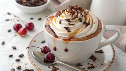 Delicious hot chocolate with whipped cream and cherries