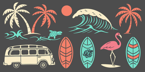 Obraz premium a vibrant collection of summer and surf themed graphics illustration background.
