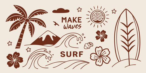 a collection of summer surf themed doodles and illustrations