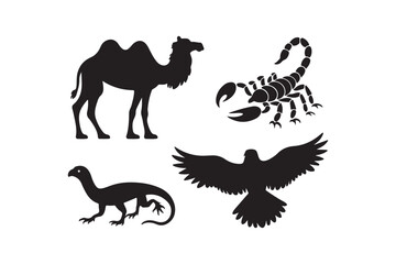 Desert wildlife silhouette collection camel scorpion lizard bird