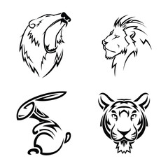 Wild Animal Head Tattoo Icons – Bear, Lion, Rabbit, Tiger – Tribal Vector Set for Logo, Mascot, Tattoo, Wildlife Branding
