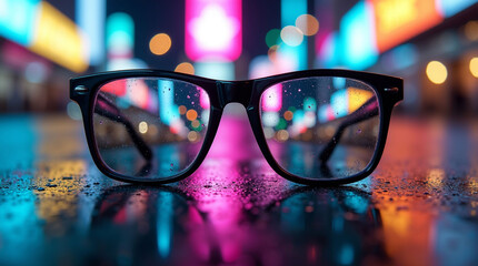 Glasses Reflecting a Neon City at Night