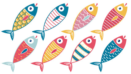 Obraz premium colorful patterned decorative fish collection with geometric designs in vibrant marine illustration set isolated on white background.