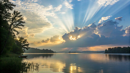 Beautiful sunset over a calm lake with sun rays shining through clouds