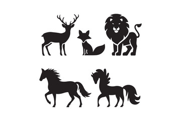 Collection of diverse animal silhouettes including deer fox lion and horses