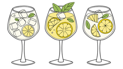 elegant wine glasses with citrus mint drinks illustration for cocktail and beverage menu design isolated on white background.