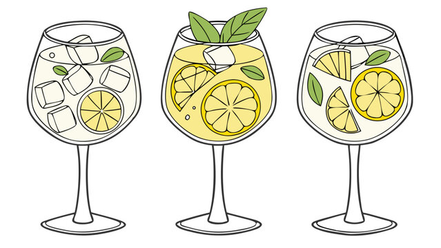 elegant wine glasses with citrus mint drinks illustration for cocktail and beverage menu design isolated on white background.