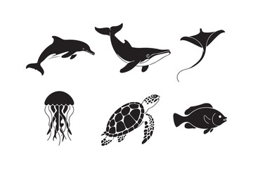 Collection of marine animal silhouettes including a dolphin whale ray jellyfish turtle and fish silhouette
