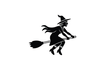 Whimsical Witch Riding Broomstick Illustration in Black and White Silhouette Style silhouette