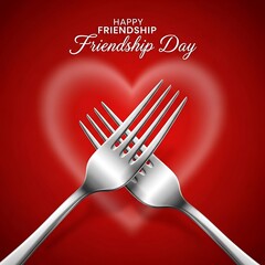 Two crossed silver forks symbolizing friendship and togetherness on a red background with a heart shape