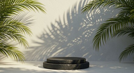 Tropical palm leaf shadows create atmosphere on a marble pedestal