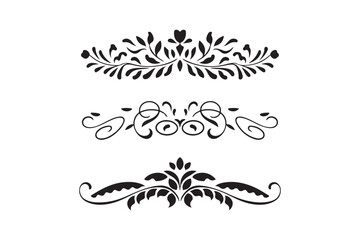 Collection of three ornate decorative floral scroll elements silhouette