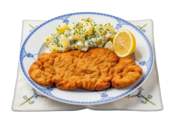 Wiener Schnitzel with Potato Salad and Lemon on a Decorative Plate Isolated