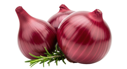 Isolated three red onions with rosemary