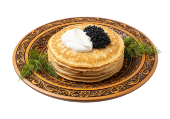 Pancakes with Caviar and Sour Cream on Wooden Plate