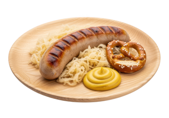 Grilled Sausage with Sauerkraut, Mustard, and Pretzel on Plate