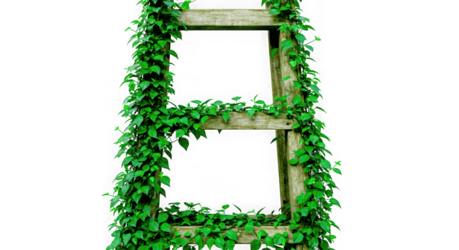 Rustic wooden ladder covered in lush green ivy isolated on transparent background