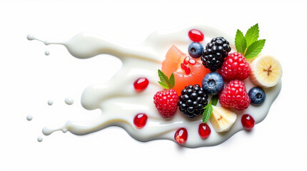 Fresh Berries and Fruit Scattered on a Yogurt Splash