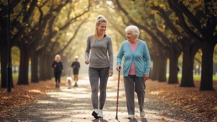 Healthy intergenerational exercise as elderly and young women enjoy slow therapeutic walking conversation with genuine smiles