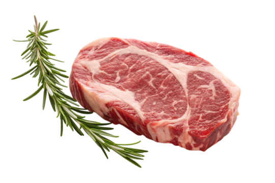 Succulent marbled raw ribeye steak paired with fresh rosemary, a gourmet's delight for culinary inspiration and restaurant menus.