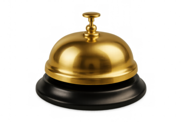 Golden reception bell gleaming on transparent background, signaling welcoming hospitality with polished metallic surface