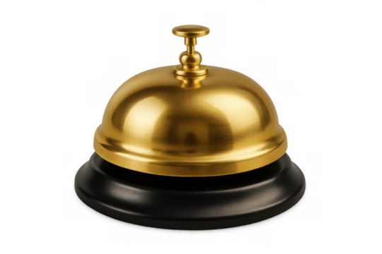 Golden reception bell gleaming on transparent background, signaling welcoming hospitality with polished metallic surface