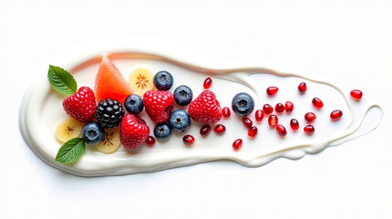 Fresh Berries and Fruit Scattered on a Yogurt Splash