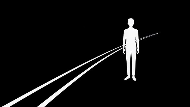 Silhouette illustration shows solitary figure standing beside parallel lines, conceptual. Solitary figure faces lines of choice, guidance, and direction in a dark, stark illustration.