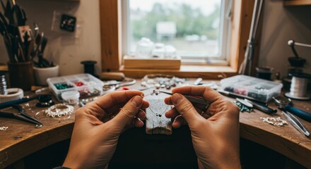 Intricate jewelry craftsmanship: Detail-oriented artisan creating delicate necklace near window