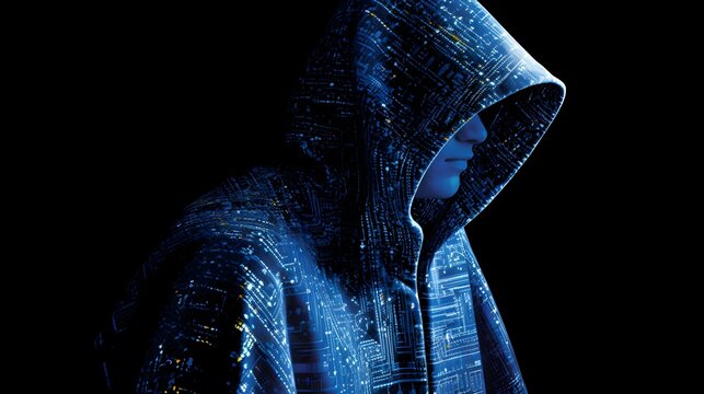 Cyber security hacker concept hooded figure in digital circuit board design