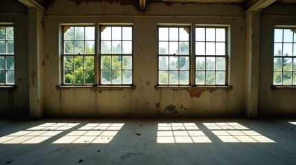 Old Industrial Room with Grimy Windows and Sunlight