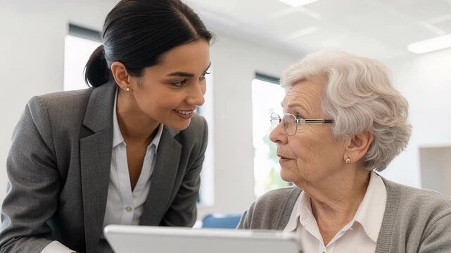 Technology tutorial session as young woman patiently helps elderly lady navigate tablet interface with supportive guidance and encouragement