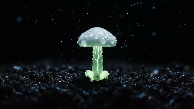 A pale dewdropped mushroom with a glowing stem stands amidst dark soil under a sprinkling of rain against a black background