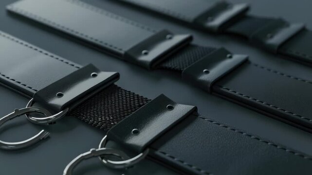 A close-up view of a pair of black leather straps, often used in shoes or accessories