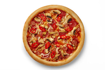 Delicious hot pizza with salami, mushrooms, and chili peppers on white background