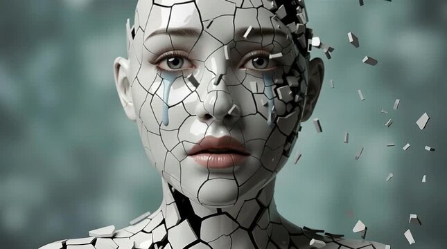 A cracked porcelain face on a woman, fragments falling off, representing emotional breakdown from gaslighting, hyperrealistic, close-up portrait mental confusion gaslighting narcissistic relationship
