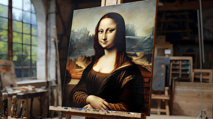 Mona Lisa portrait, oil on canvas, displayed on easel in art studio, featuring serene woman with enigmatic smile, landscape background, rich color palette, and visible brushstrokes