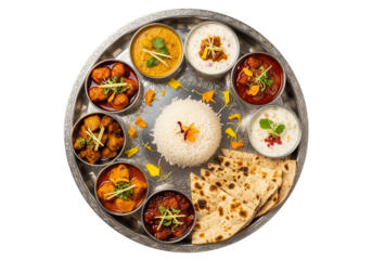 Indian Thali with Variety of Dishes and Naan Bread