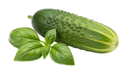 Isolated Cucumber with Basil Leaves