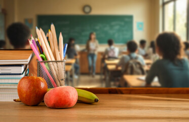 School desk with books and supplies, blurred students and teacher in classroom background. School-related atmosphere of learning, back-to-school excitement, and education in progress.